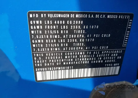 2023 Volkswagen Taos 1.5T Se from USA, damaged, VIN 3VVUX7B25PM361611